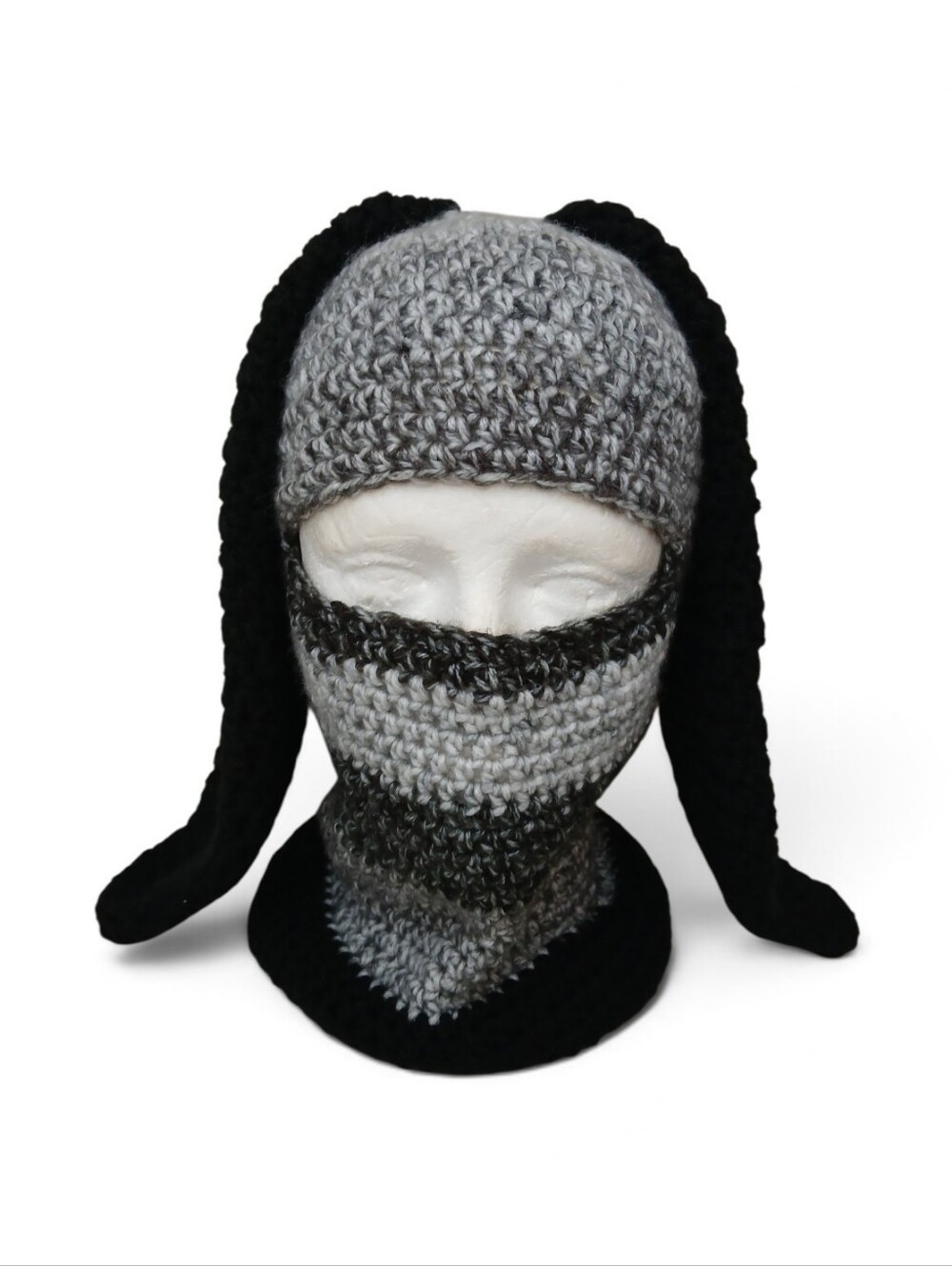 Grey & Black Crochet Bunny Ear SkiMask  Hat